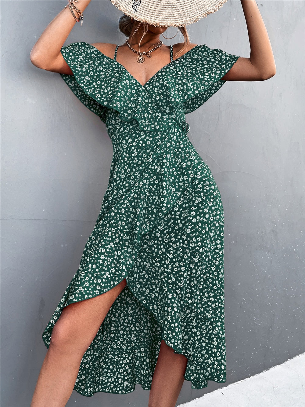 Cold Shoulder Ruffle Trim Wrap Tie Waist High Split Midi Dress - View 2