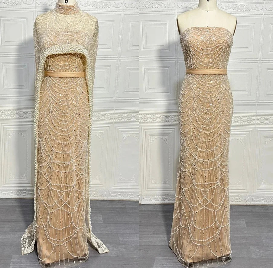 Beaded High Neck Cape Sleeve Sheer Mermaid Gown - View 6