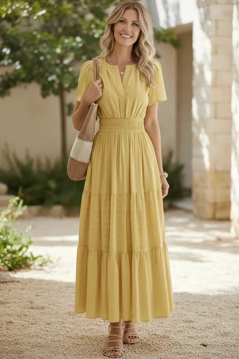 V-Neck Puff Sleeve Smocked Waist Tiered Maxi Dress 4