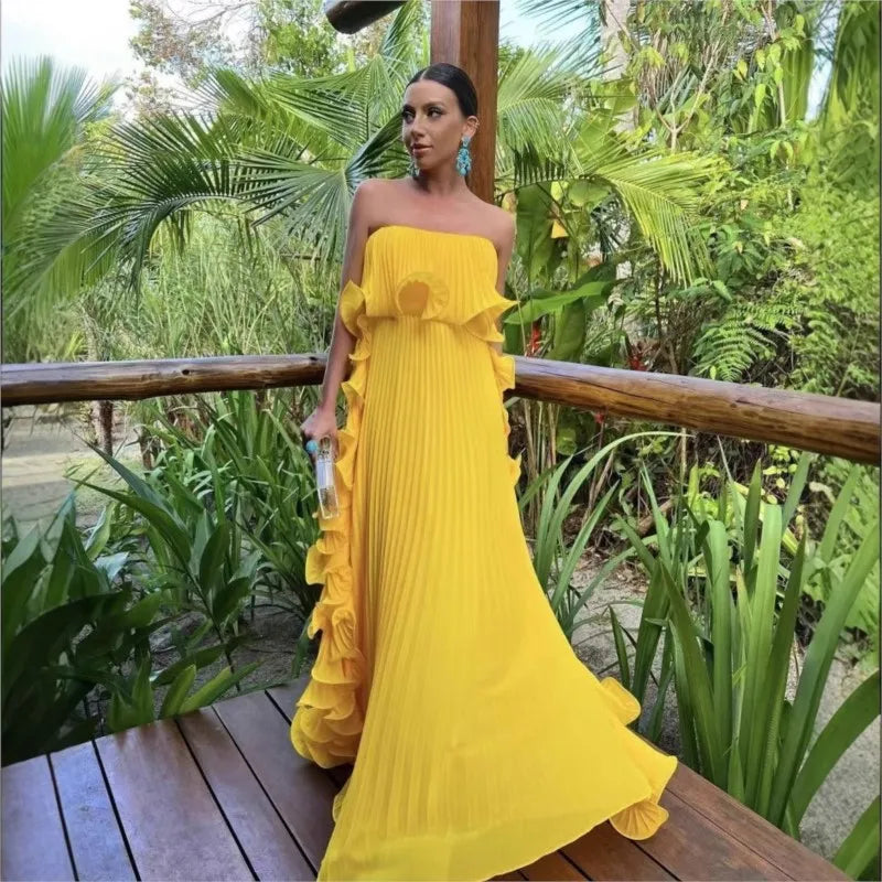 Pleated Chiffon Long Ruffled Strapless Dress - View 2