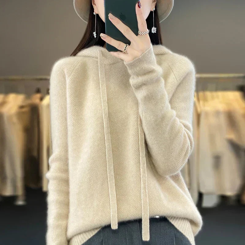 Drawstring Hood Long Sleeve Knit Hoodie Sweater 2