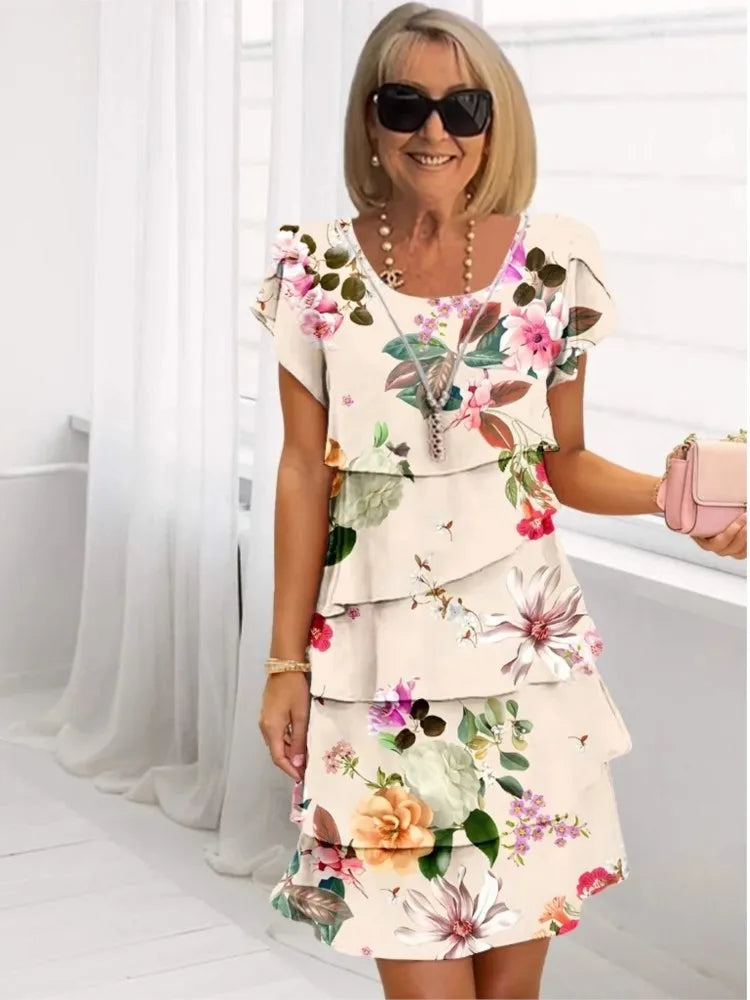 Floral Round Neck Short Sleeve Tiered Ruffle Mini Dress