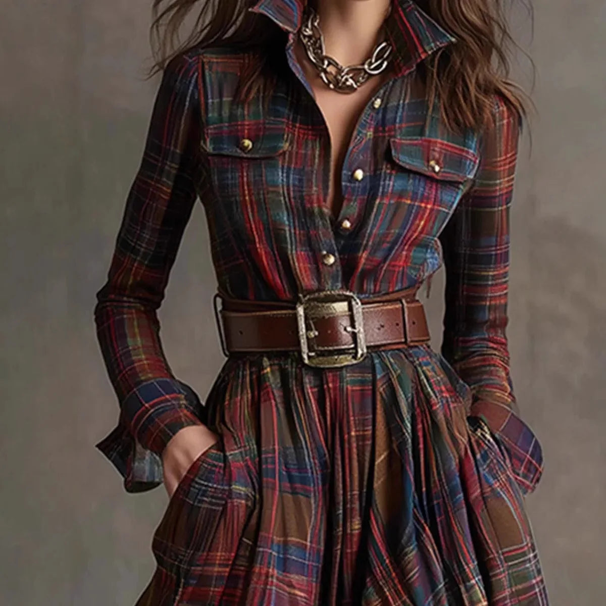 Plaid Belted Long Sleeve High Low Maxi Shirt Dress 6