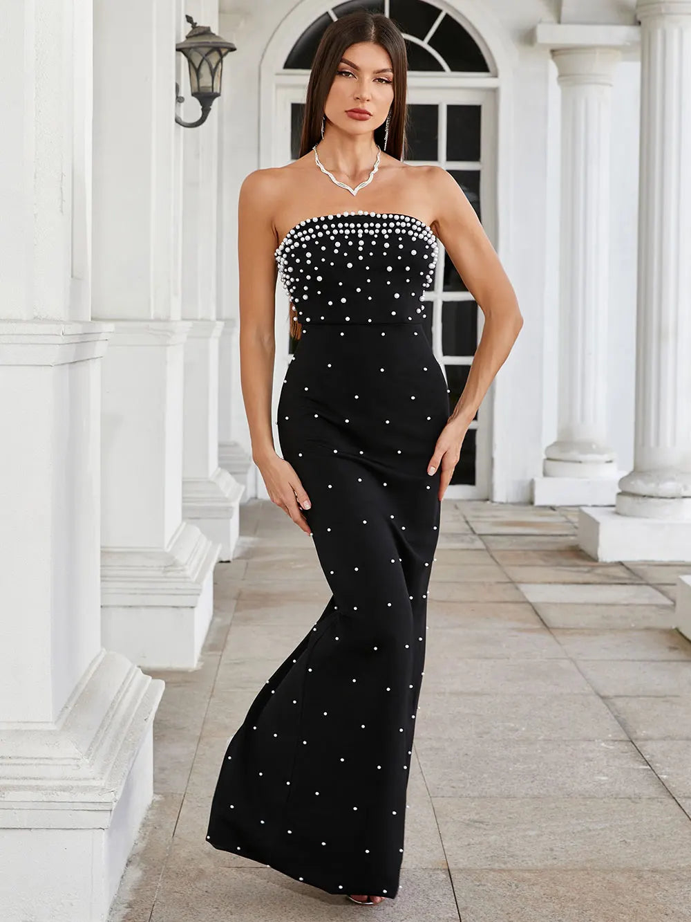 Pearl Embellished Strapless Tube Bodice Bodycon Maxi Gown - View 6