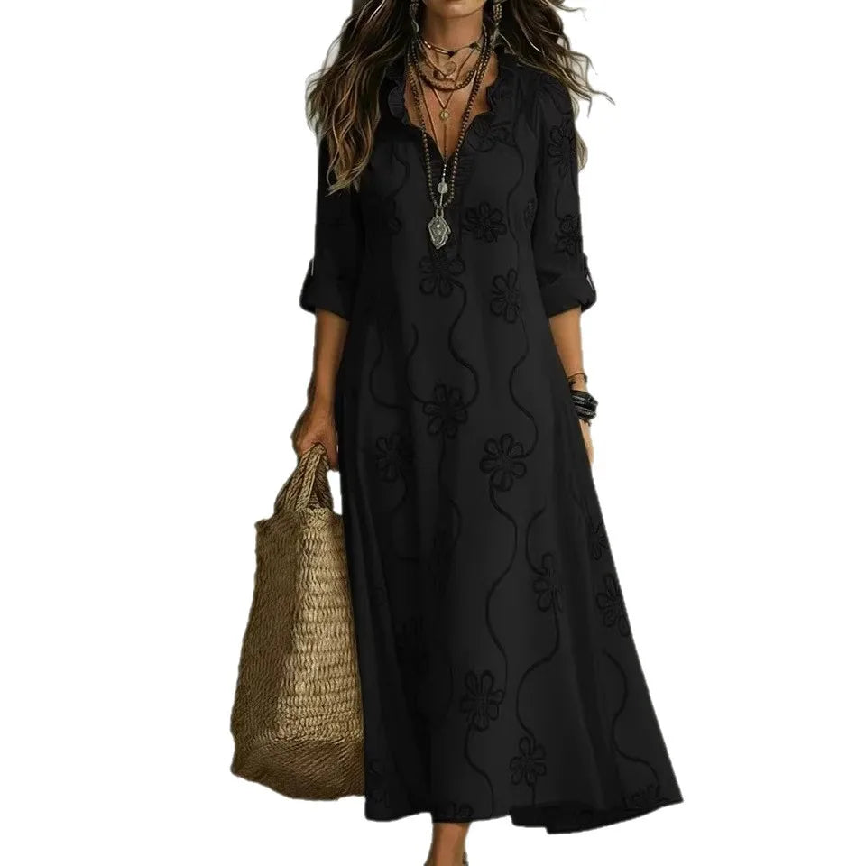 Split Neck Long Sleeve Floral Embroidered Maxi Dress 5