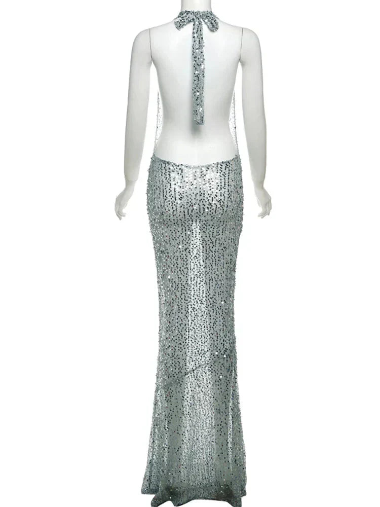 Sequin Halter Neck Deep V-Neck Backless Mermaid Maxi Dress - View 14