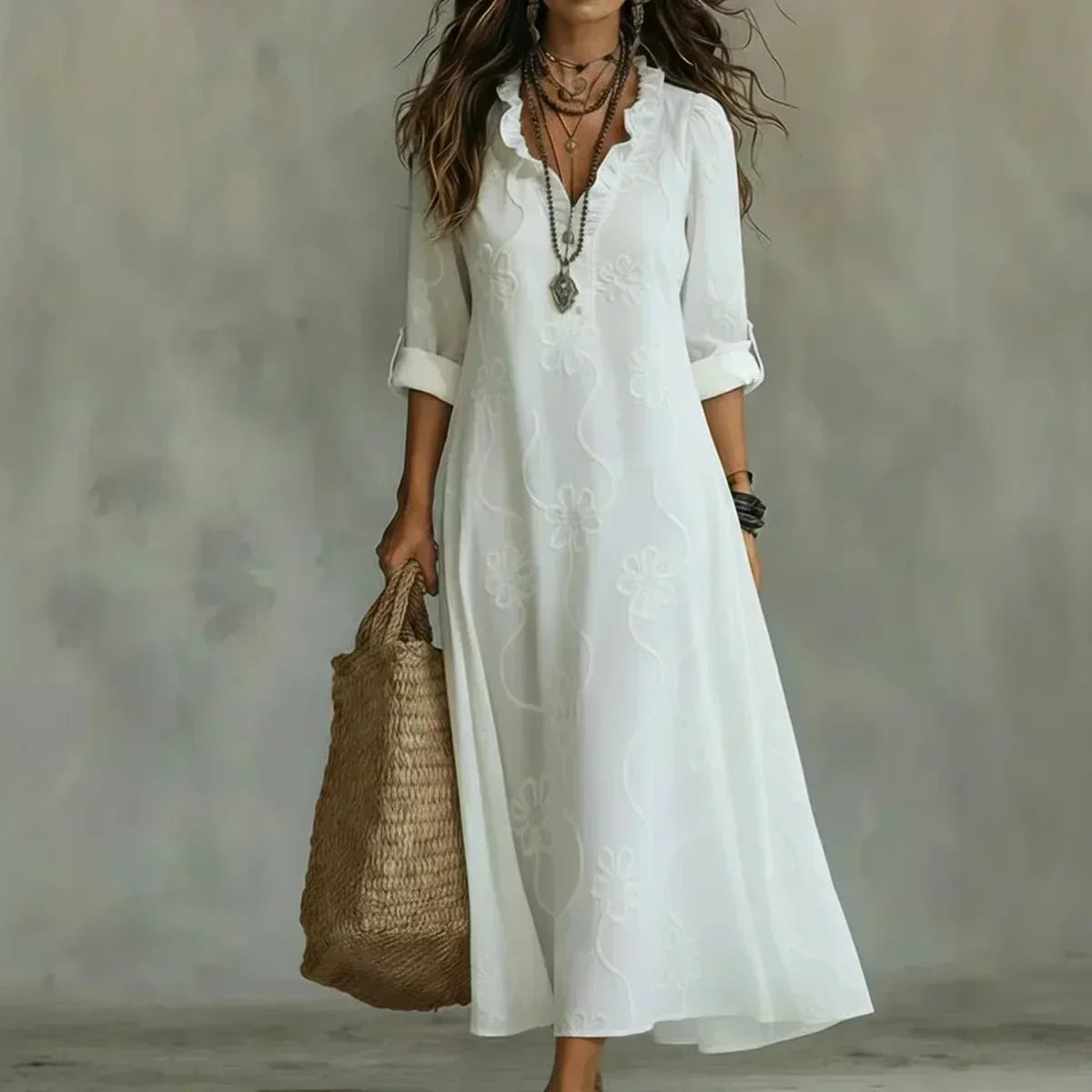 Split Neck Long Sleeve Floral Embroidered Maxi Dress 2