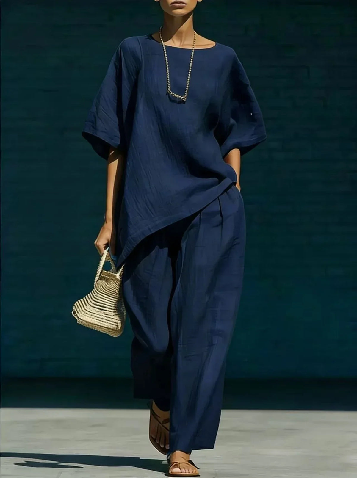 Boat Neck Short Sleeve Top and Wide Leg Pants Two Piece Set 2