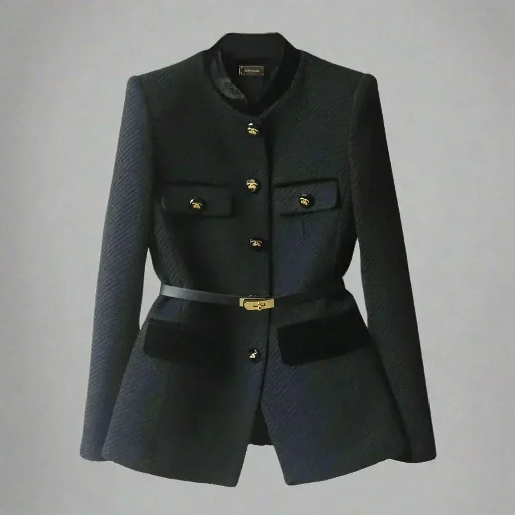 Stand Collar Belted Gold Button Tweed Jacket