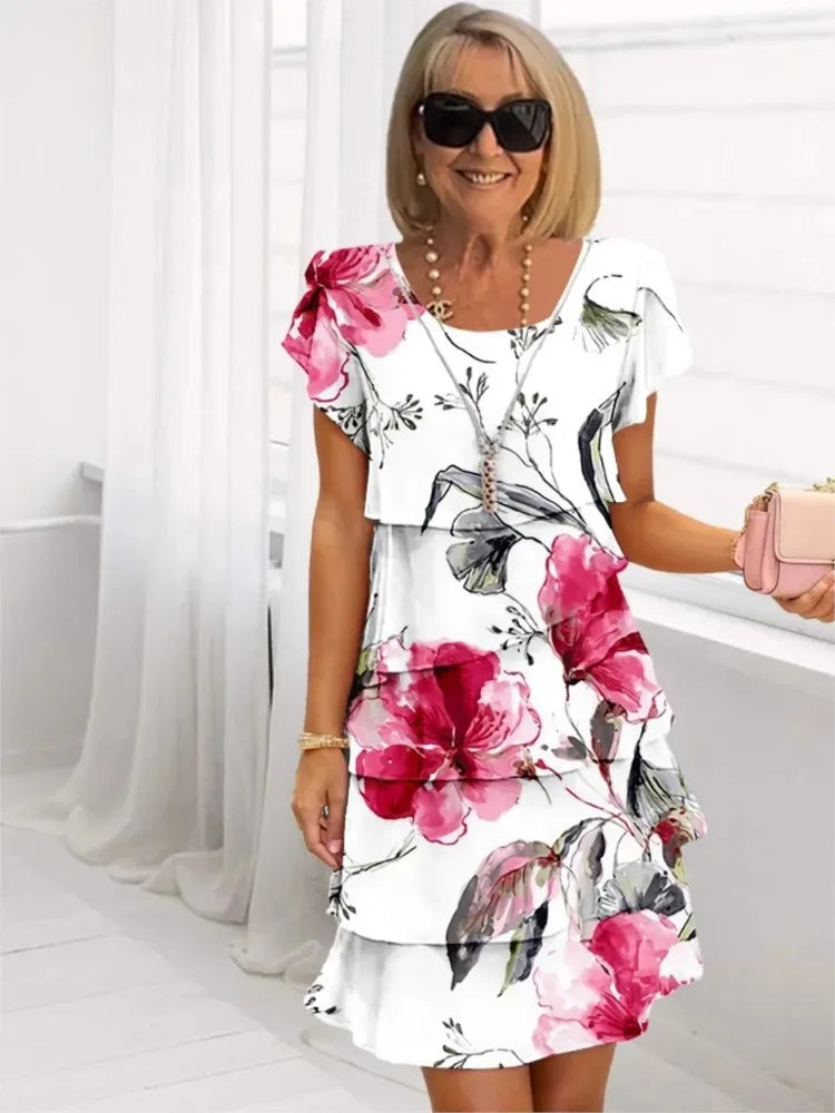 Floral Print Round Neck Flutter Sleeve Tiered Ruffle Mini Dress
