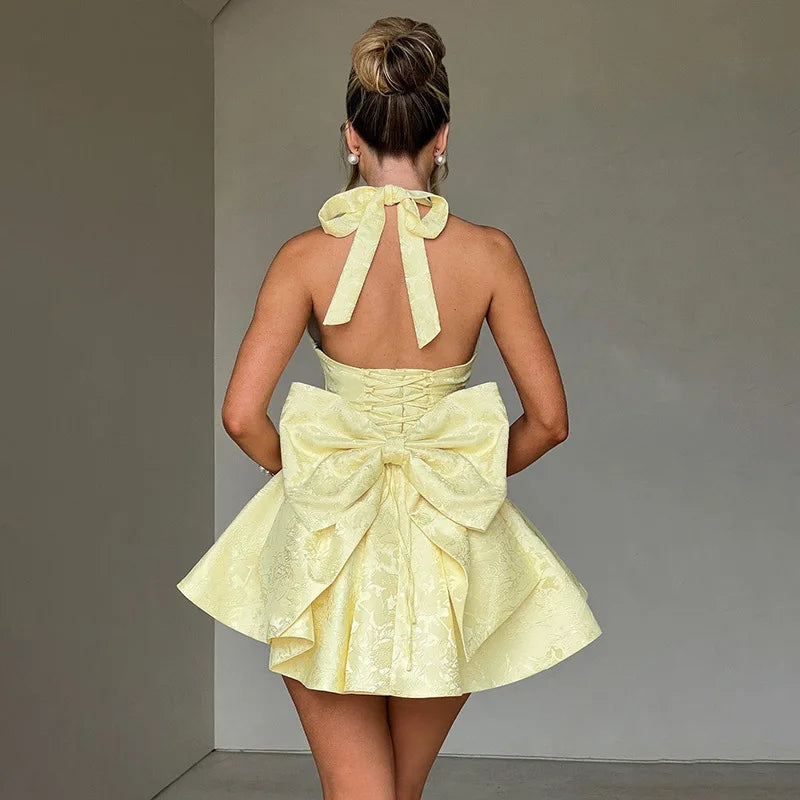 Jacquard Halter Neck Deep V-Neck Back Bow Flare Mini Party Dress - View 7