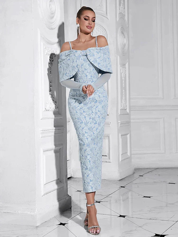 Floral Jacquard Cold Shoulder Mesh Long Sleeve Bodycon Midi Dress - View 2