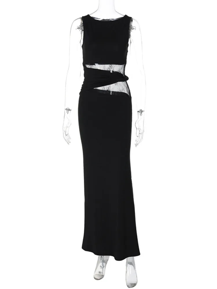 Sheer Lace O Neck Bodycon Long Tank Dress - View 12