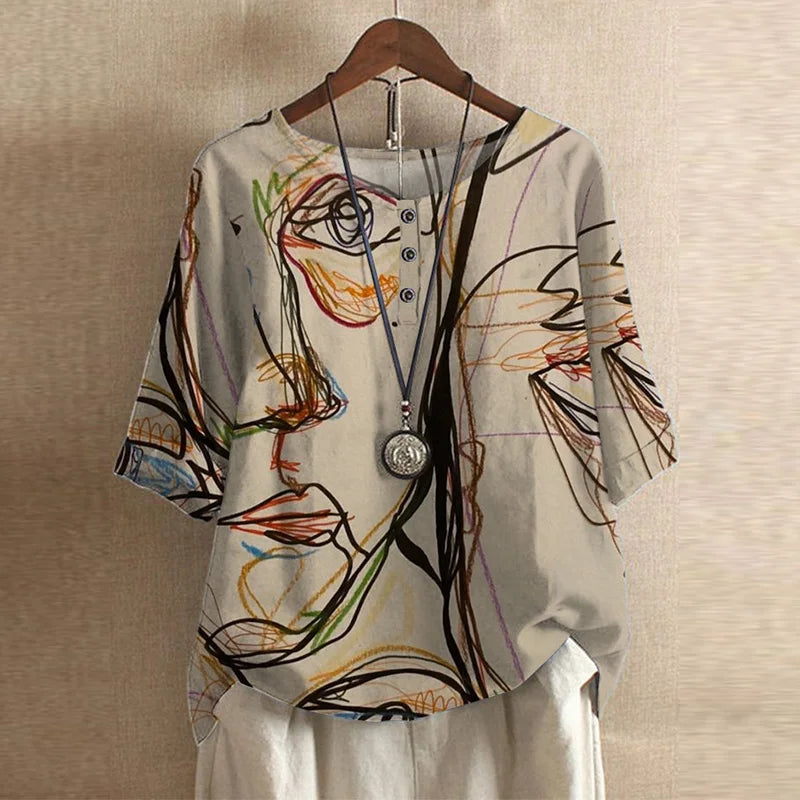 Round Neck Half Sleeve Floral Button Blouse 11
