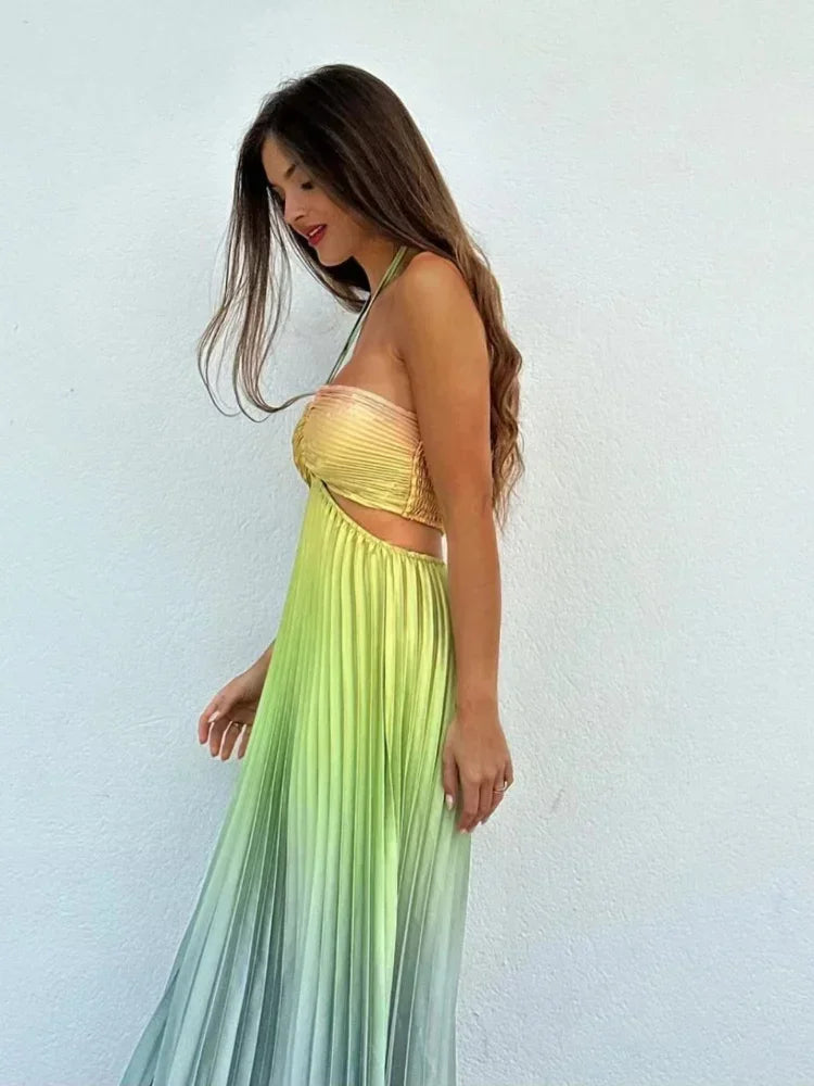 Satin Gradient Pleated Sleeveless Maxi Dress - View 4