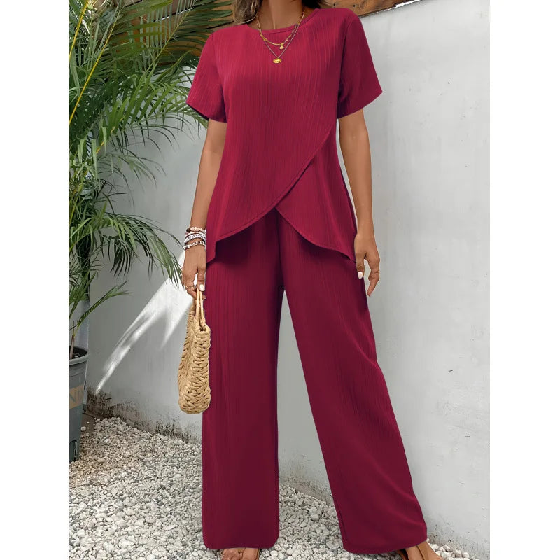 Short Sleeve Crossover Hem Top and Wide Leg Pants Two Piece Set 4