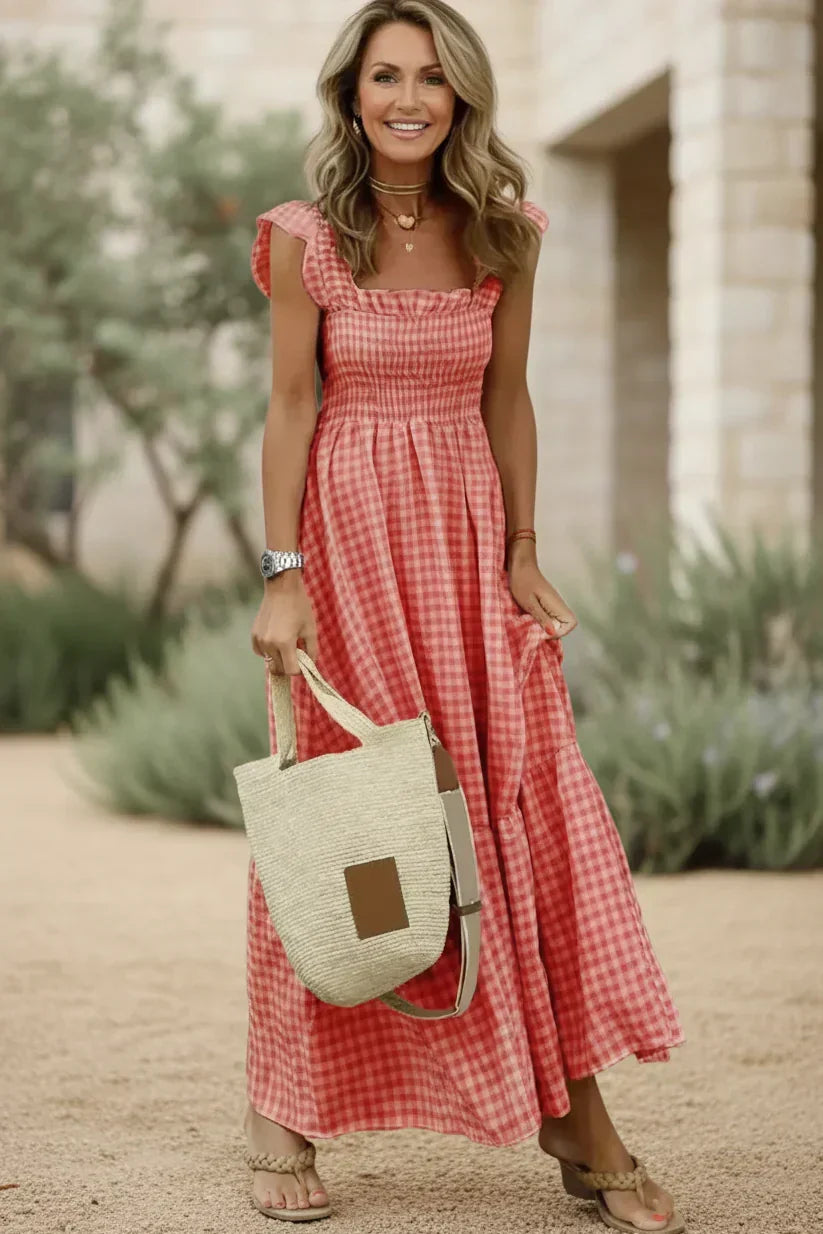 Gingham Square Neck Smocked Ruffle Strap Tiered Maxi Dress 4