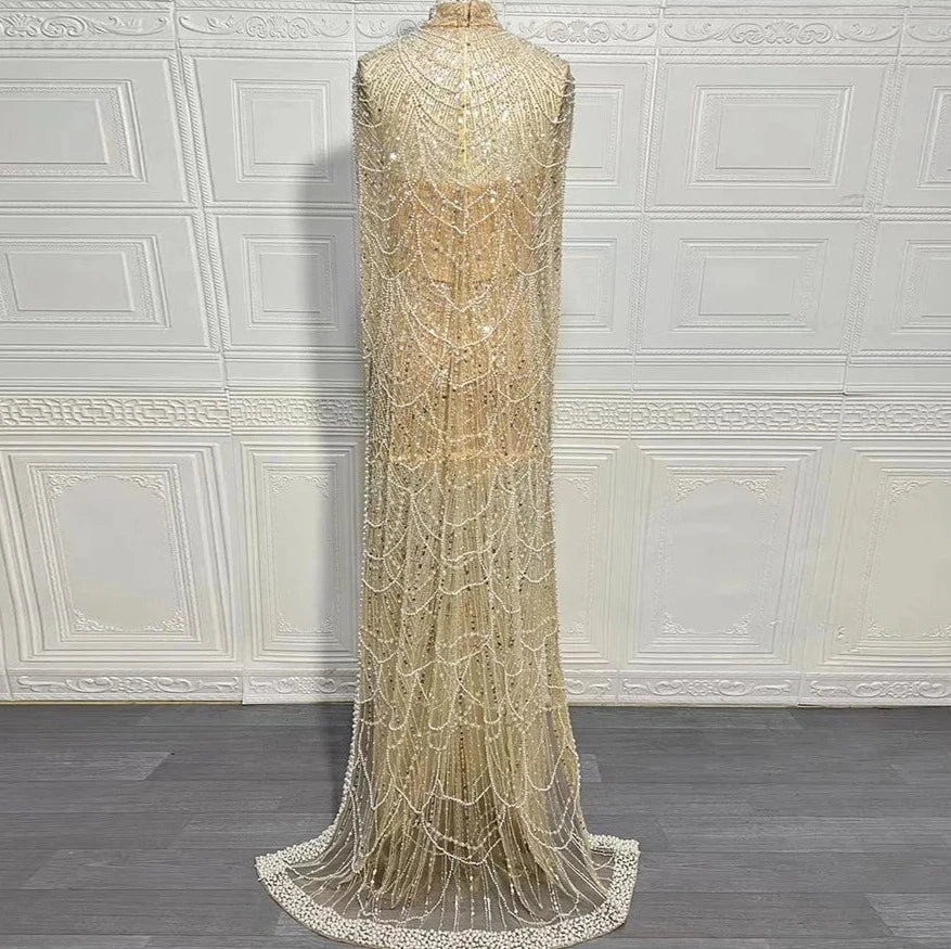 Beaded High Neck Cape Sleeve Sheer Mermaid Gown - View 7