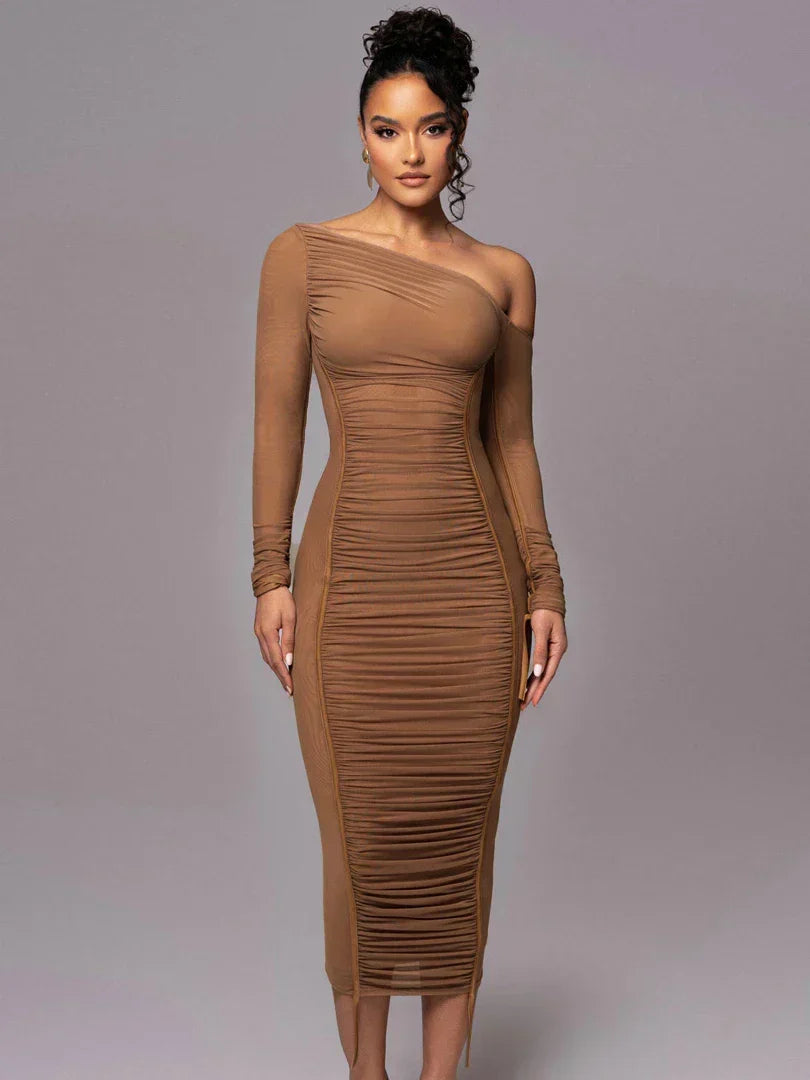 Diagonal Collar Draped Mesh Maxi Dress in Brown - View 4
