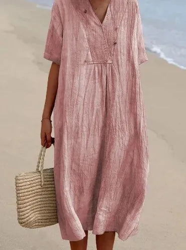 Split Neck Short Sleeve Linen Look Maxi Dress 9