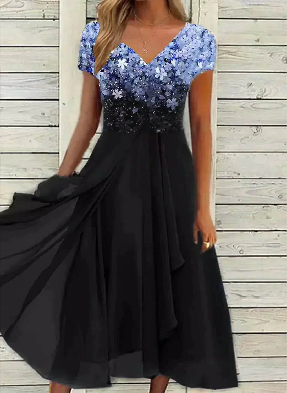 Chiffon V-Neck Cap Sleeve Ombre Bodice Flowy Pocket Maxi Dress