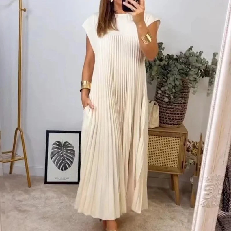 Sleeveless Crew Neck Accordion Pleat A-Line Maxi Dress - View 3