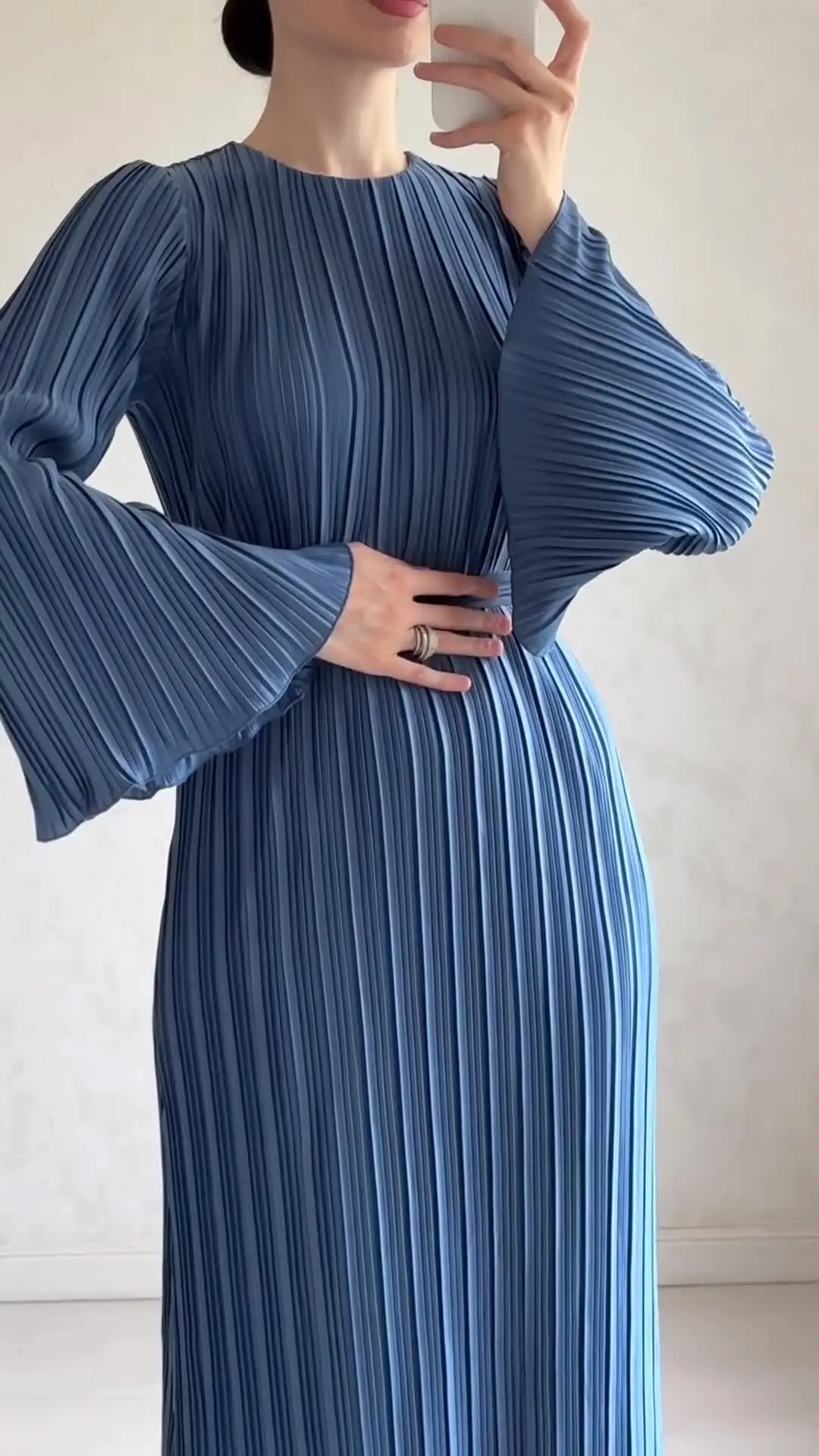 Plissé Pleated Long Sleeve Ruffle Cuff High Neck Bodycon Maxi Dress - View 4