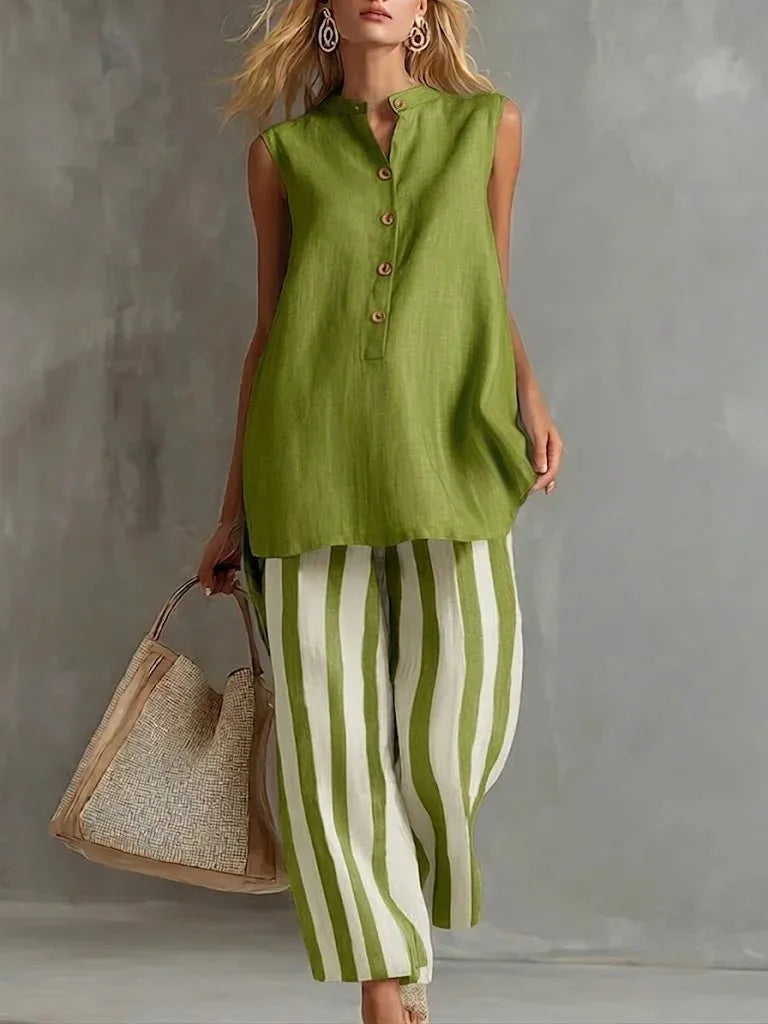 Sleeveless Button Front Tunic and Striped Wide Leg Pants Two Piece Set 3