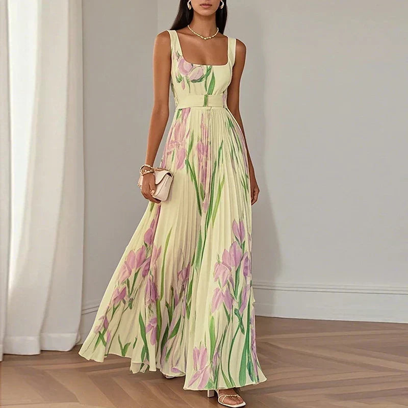 Floral Square Neck Sleeveless Pleated A-Line Maxi Dress 4