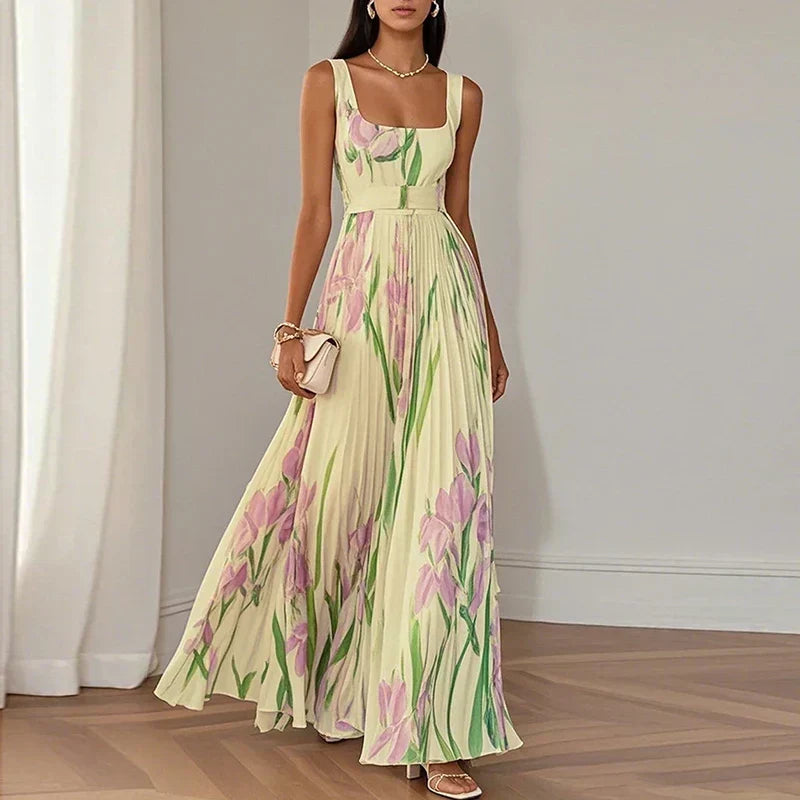 Floral Print Square Neck Pleated A-Line Maxi Dress 4