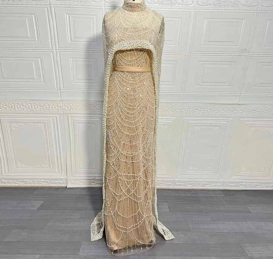 Beaded High Neck Cape Sleeve Sheer Mermaid Gown - View 9