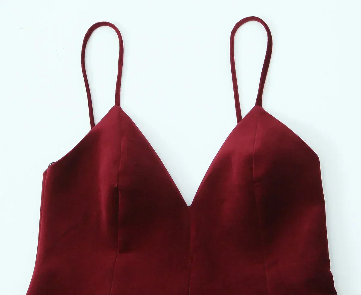 Red Velvet Spaghettis Strap Mini Dress - View 6