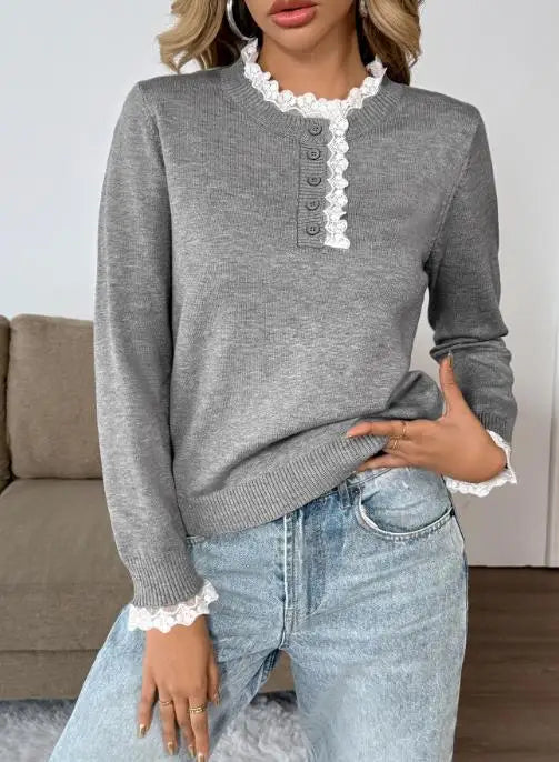 Lace Trim Button Placket Crew Neck Sweater