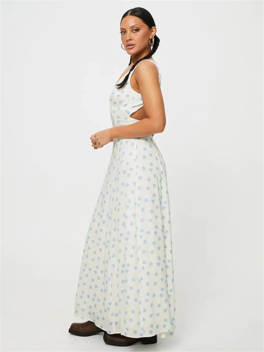 V-neck Lace-up Sleeveless Floral Dress - View 4