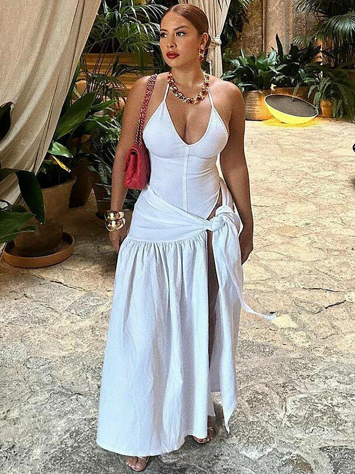 Slit Backless Bandage Maxi Dress Set - View 5