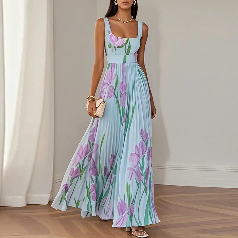 Floral Square Neck Sleeveless Pleated A-Line Maxi Dress 5