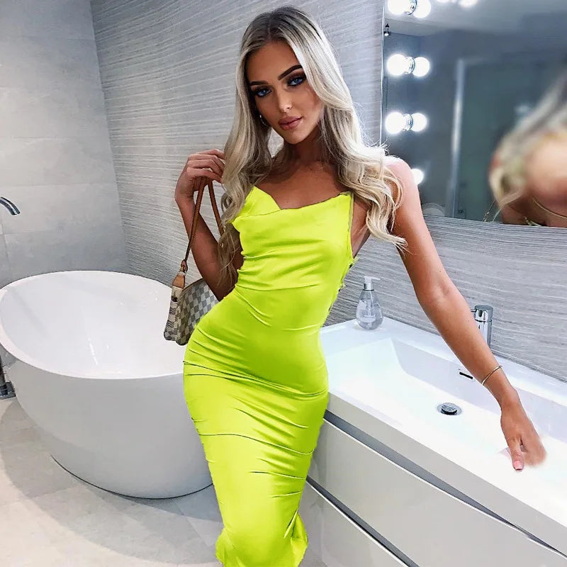 Neon Satin Lace Up Backless Midi Dress in Pink - View 6