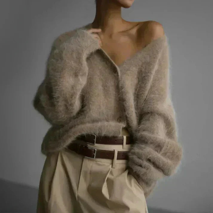 V-Neck Button Front Fuzzy Knit Oversized Cardigan 3