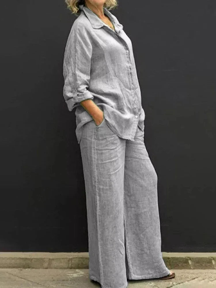 Long Sleeve Button Front Shirt and Wide Leg Pants Two Piece Set
