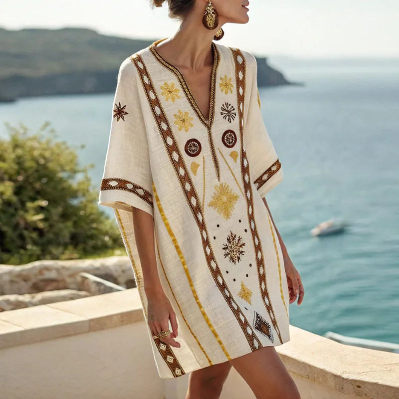 Embroidered V-Neck Half Sleeve Kaftan Beach Dress