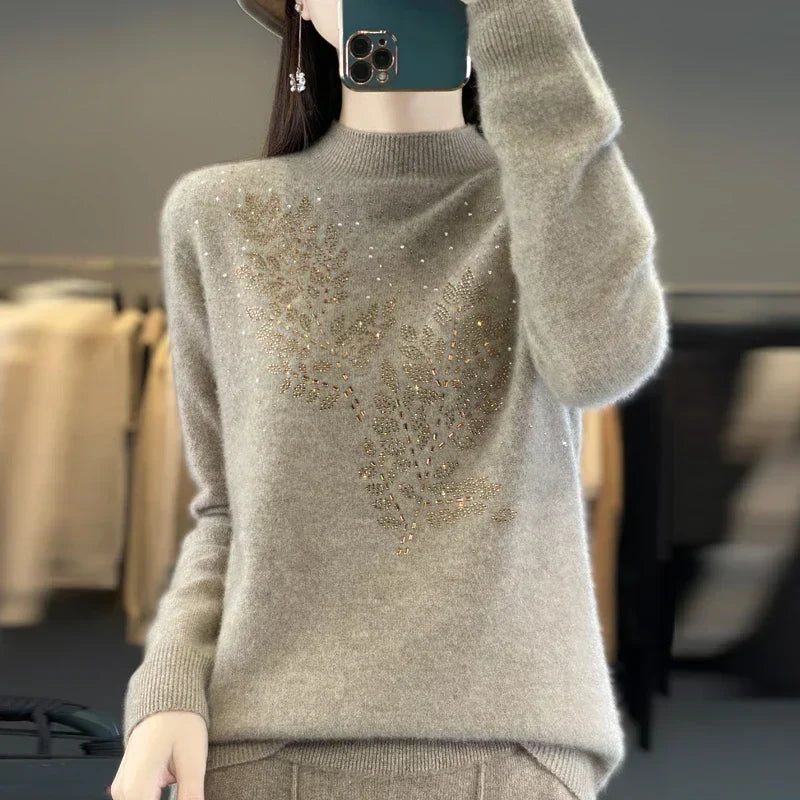 Mock Neck Long Sleeve Rhinestone Knit Sweater 10