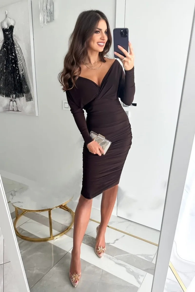 Deep V-Neck Long Sleeve Ruched Wrap Bodycon Midi Party Dress - View 4