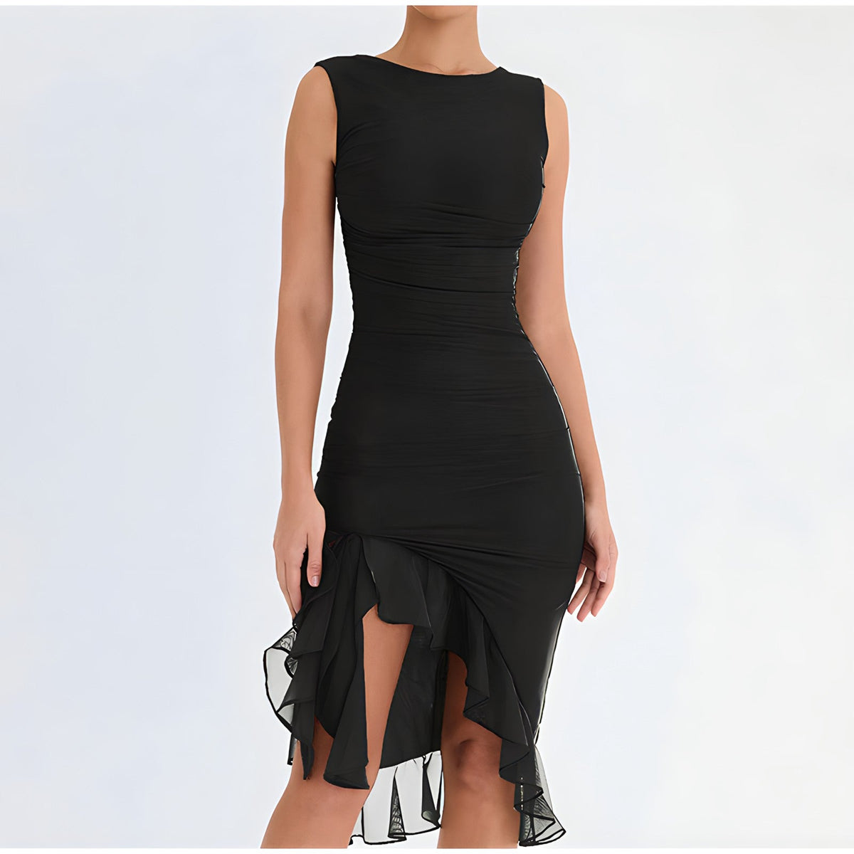 Sleeveless Crew Neck Bodycon Ruched Asymmetric Ruffle Hem Midi Dress - View 2