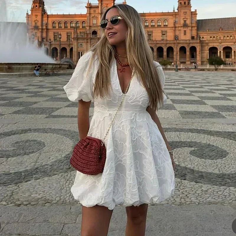 Floral Emboss Puff Sleeve Deep V-Neck Fit and Flare Mini Dress - View 3