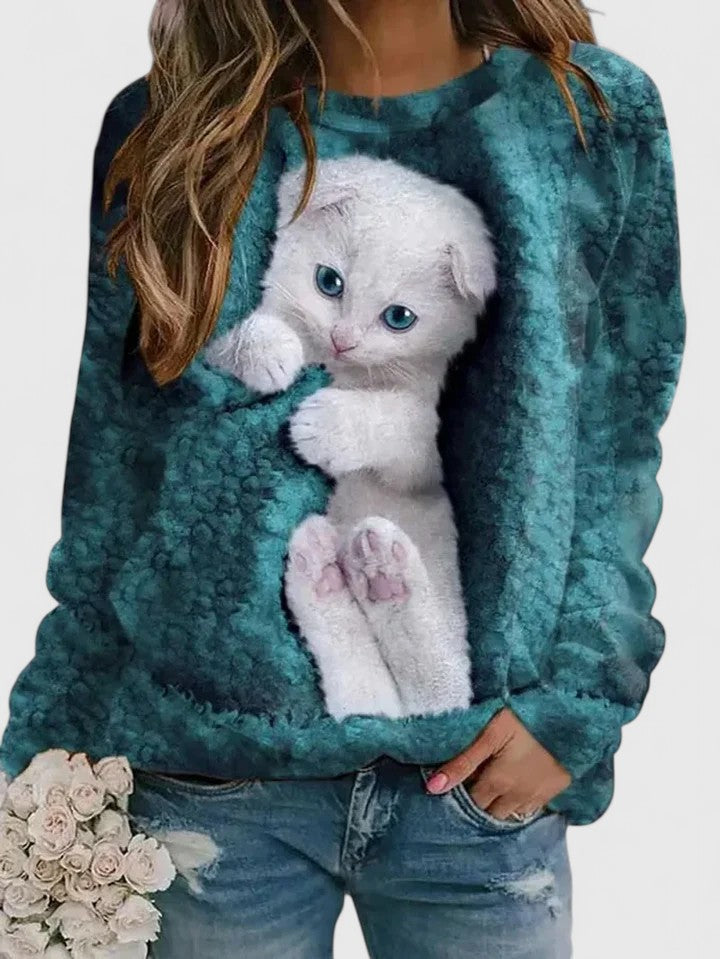 Cat Print Crew Neck Long Sleeve Sweatshirt