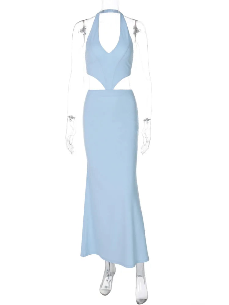 Halter Backless Blue Lace - up Maxi Dress - View 6
