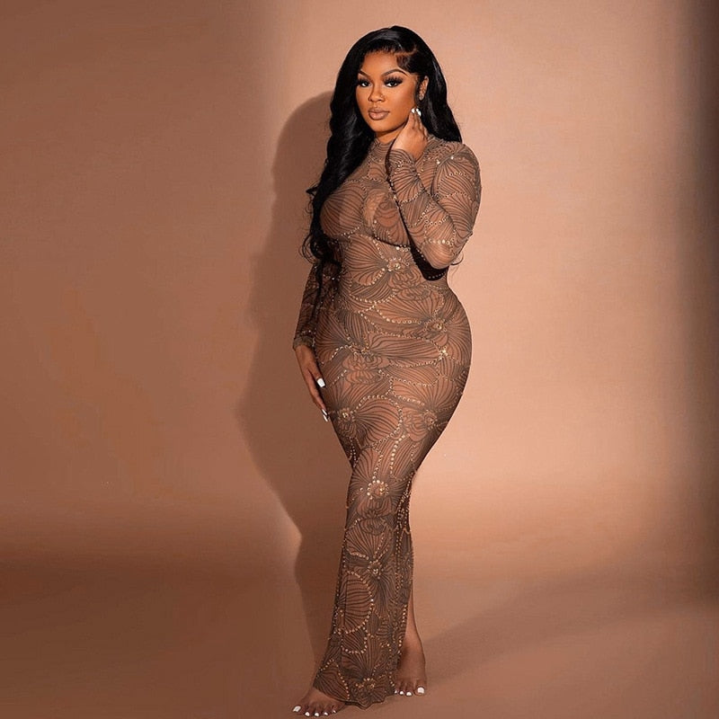 Crew Neck Long Sleeve Rhinestone Mesh Bodycon Maxi Dress 11