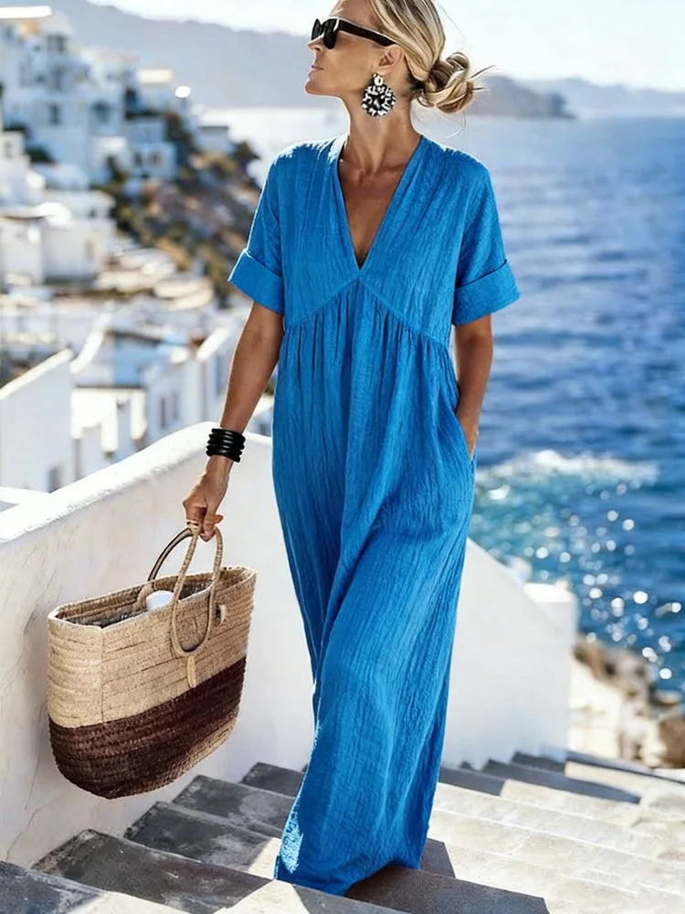 V-Neck Short Sleeve Linen Look Maxi Dress 5