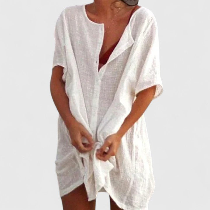 Button Front Short Sleeve Linen Look Shirt Dress 2