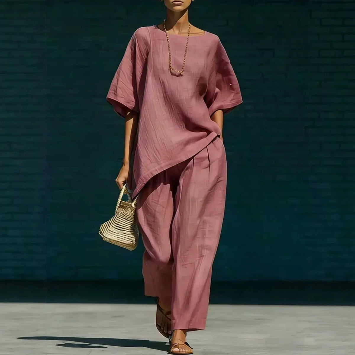 Boat Neck Short Sleeve Top and Wide Leg Pants Two Piece Set 3